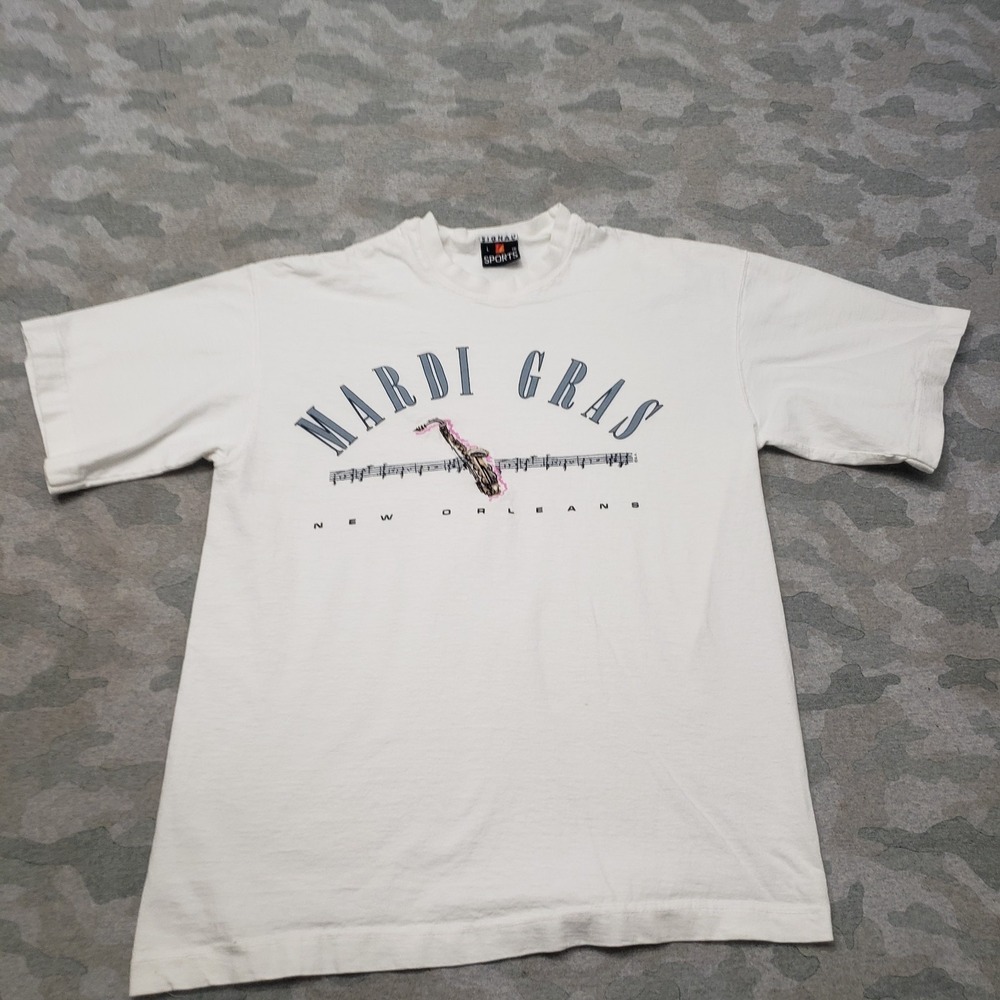 Vintage Mardi Gras Signal Shirt Mens Large White Short Sleeve Embroidered